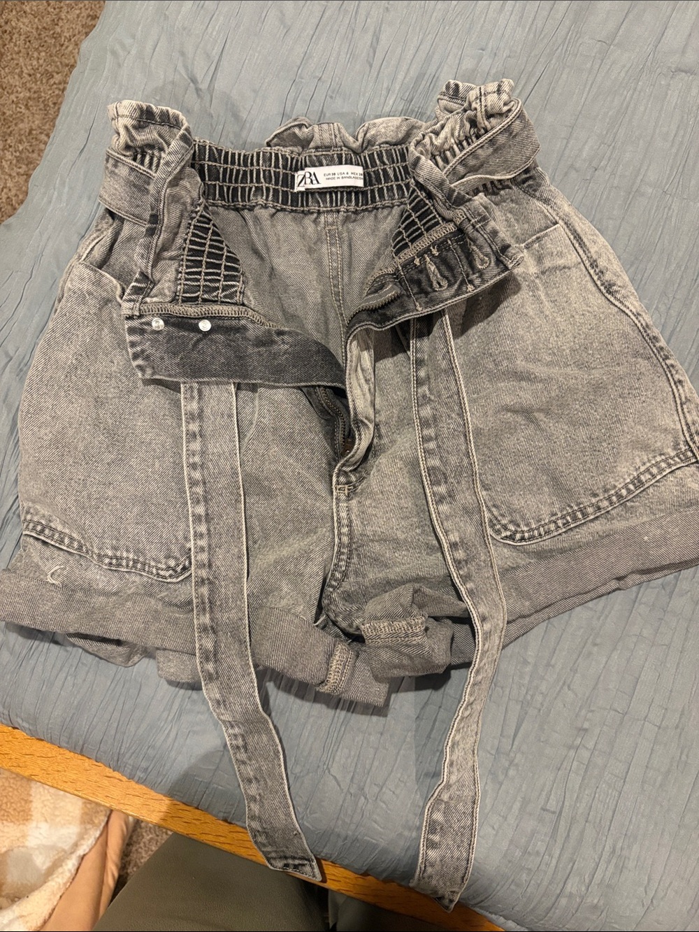 ZARA Washed Gray Denim Shorts with Tie Belt